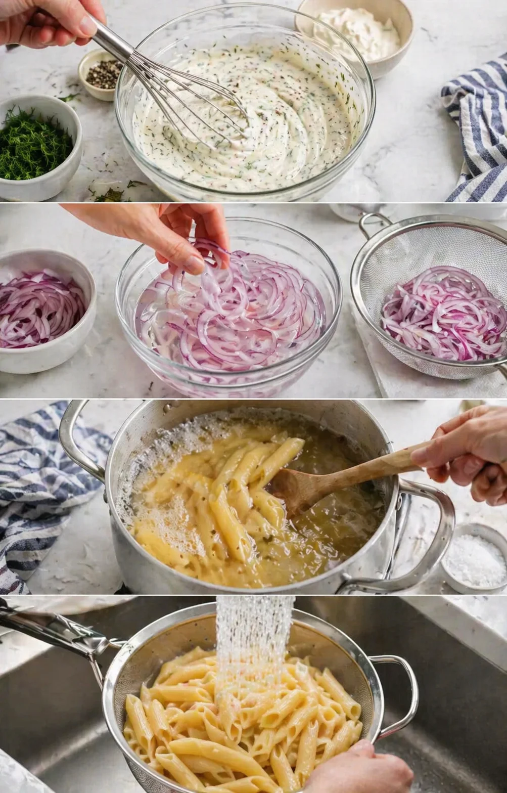A four-panel collage showing herb cream sauce, red onion slices soaking, pasta being boiled and rinsed.