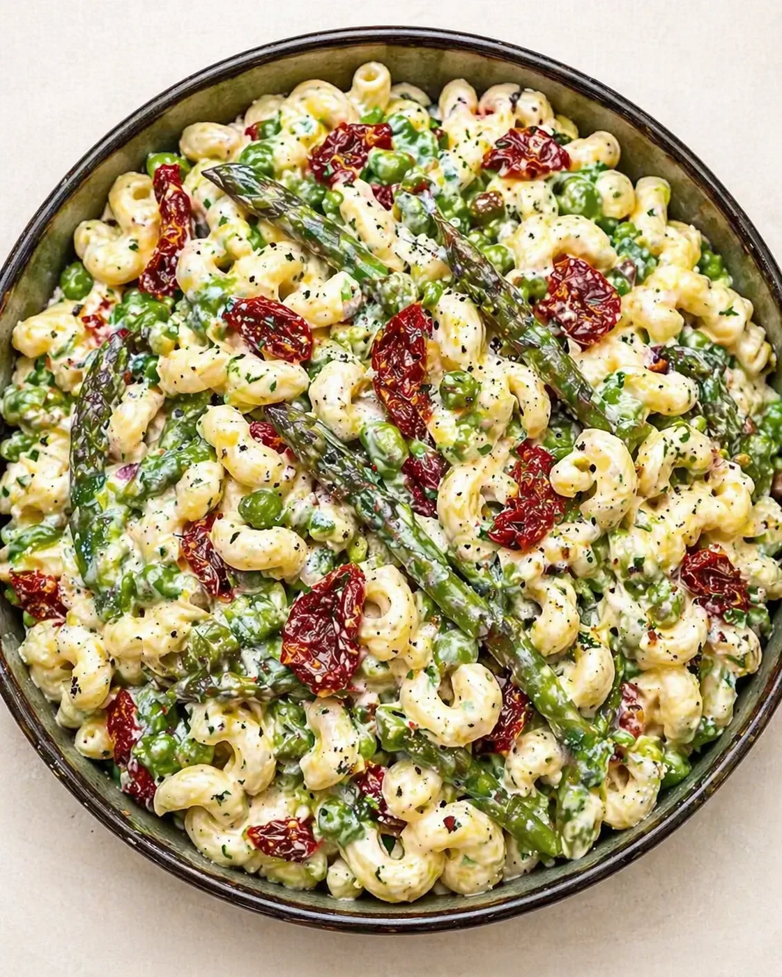 Creamy macaroni with peas, asparagus, sun-dried tomatoes, and herbs in a brown bowl.