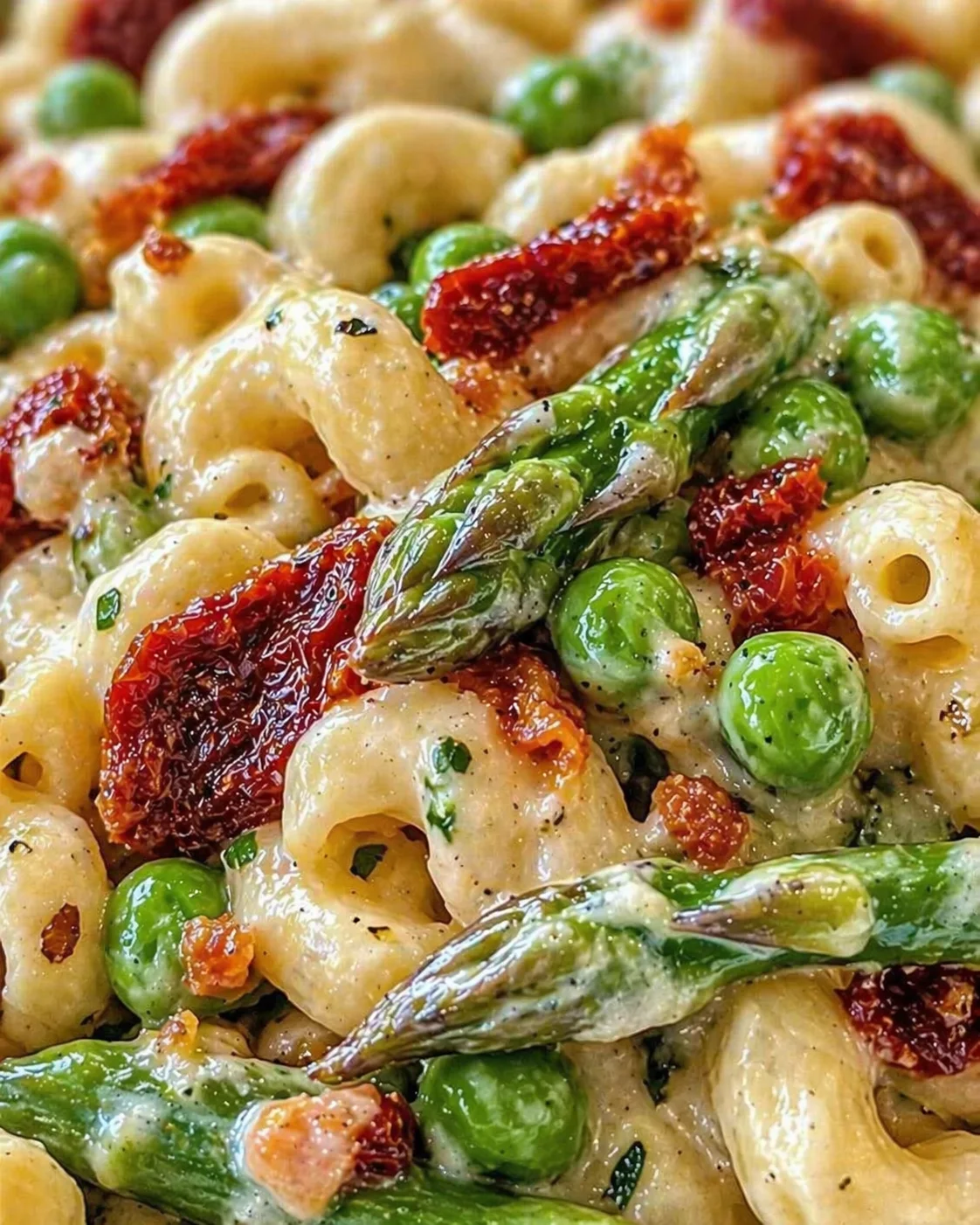 Creamy orecchiette pasta tossed with asparagus, peas, and sun-dried tomatoes.
