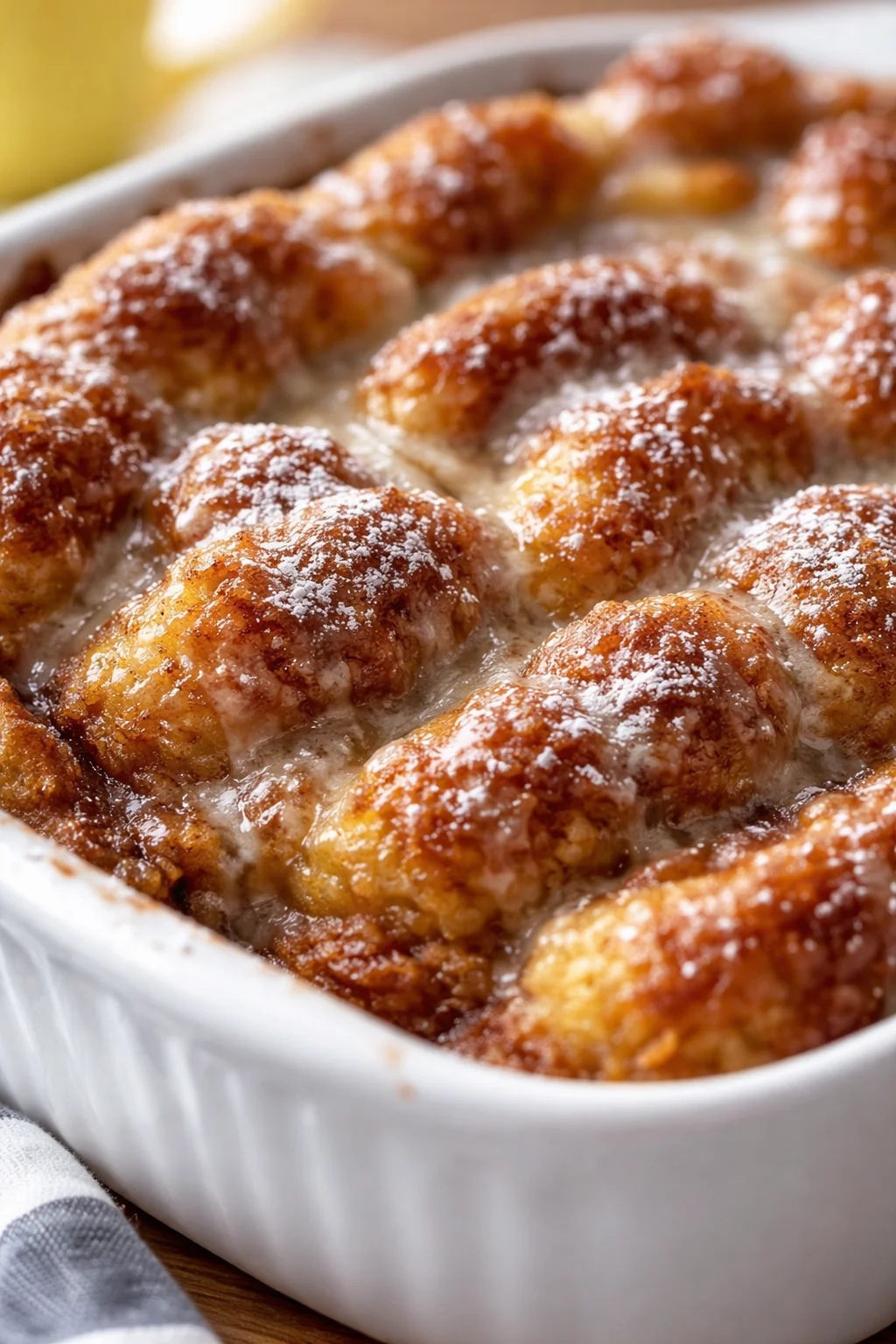 close-up of golden-brown meatballs in a creamy melted cheese sauce in a white baking dish
