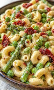 Creamy pasta with asparagus, peas, and sun-dried tomatoes in a rustic skillet.