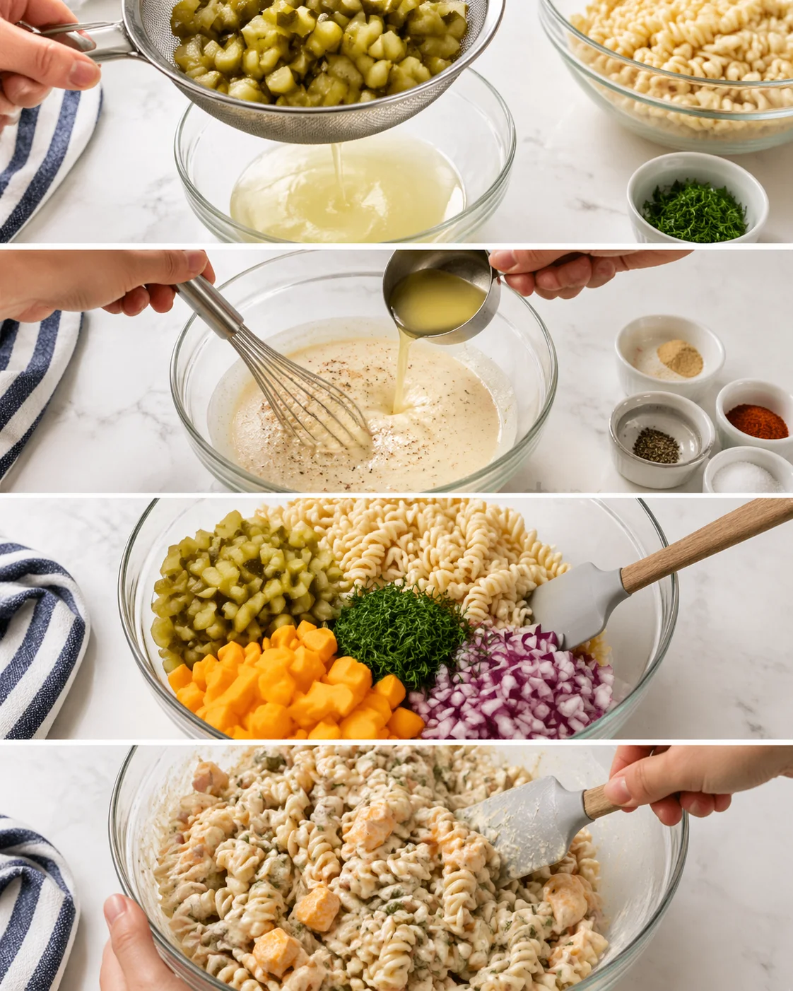 four-panel collage showing hands mixing, draining, and assembling a creamy pasta salad with vegetables.
