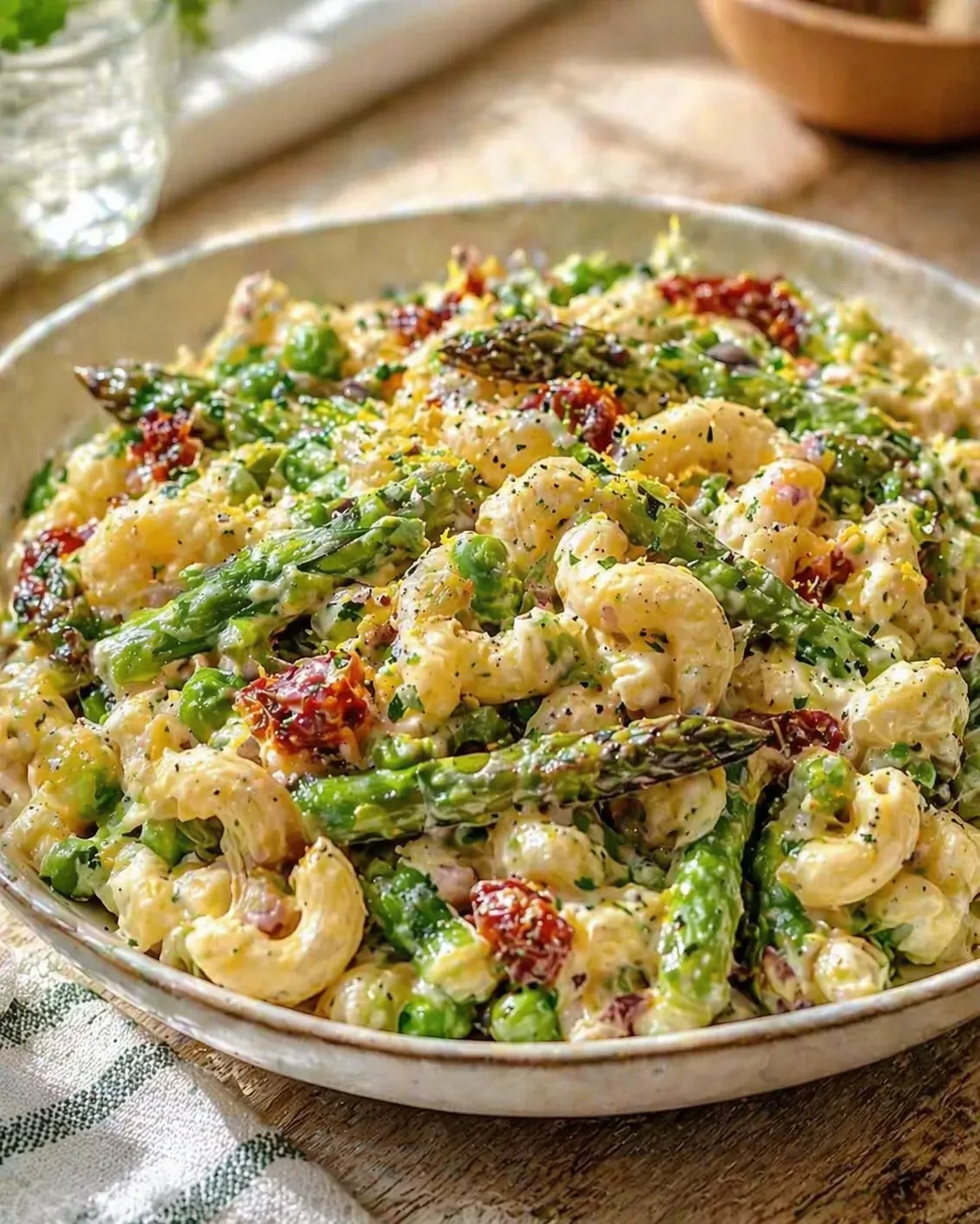 Round bowl of creamy pasta salad with peas and asparagus, sun-dried tomatoes, and herbs on a rustic wooden table.
