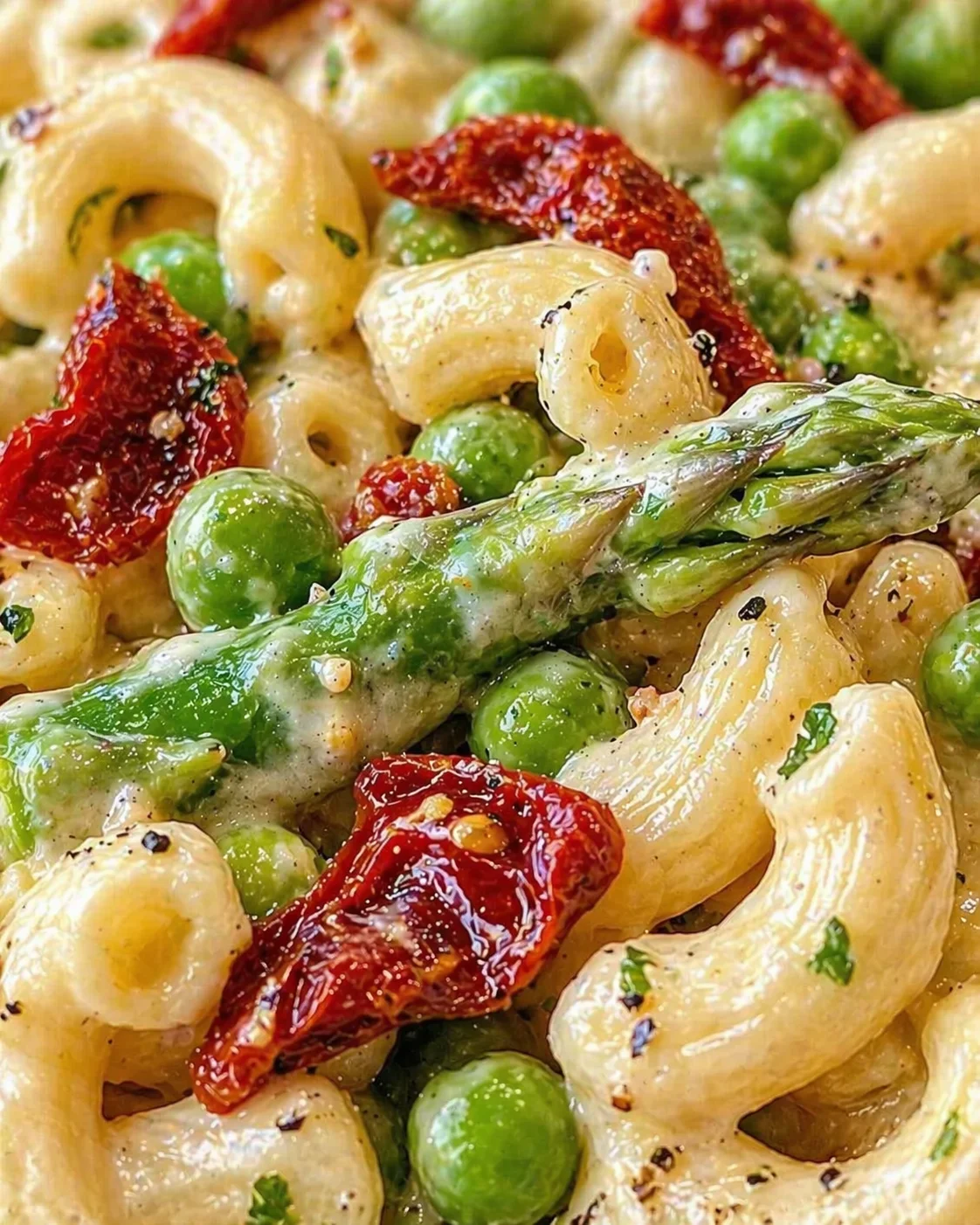 Close-up of creamy pasta with peas, sun-dried tomatoes, and asparagus.