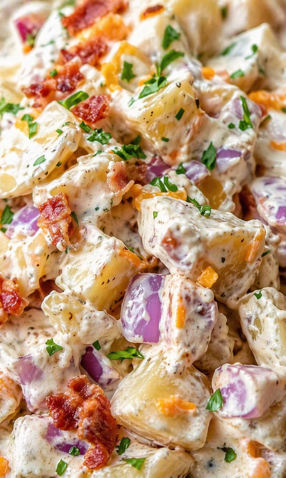 Close-up of creamy potato salad with bacon, red onion, carrot bits, and parsley.