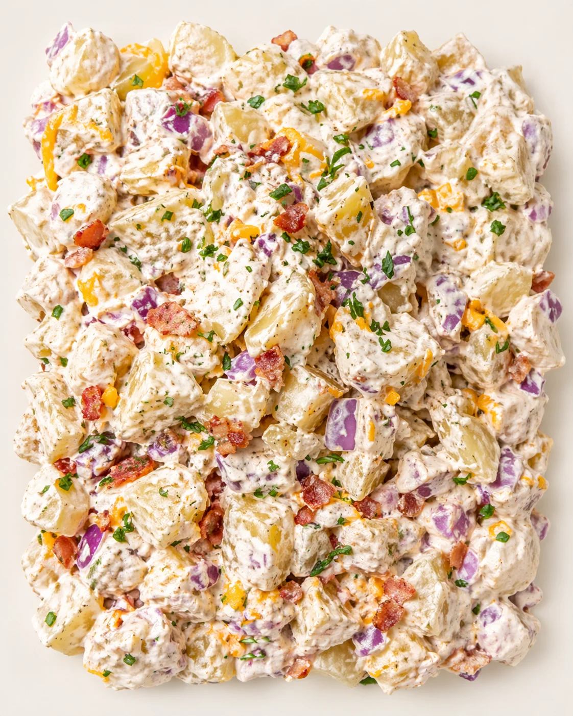 Close-up of creamy potato salad with yellow and purple potato chunks, bacon, and chopped herbs.
