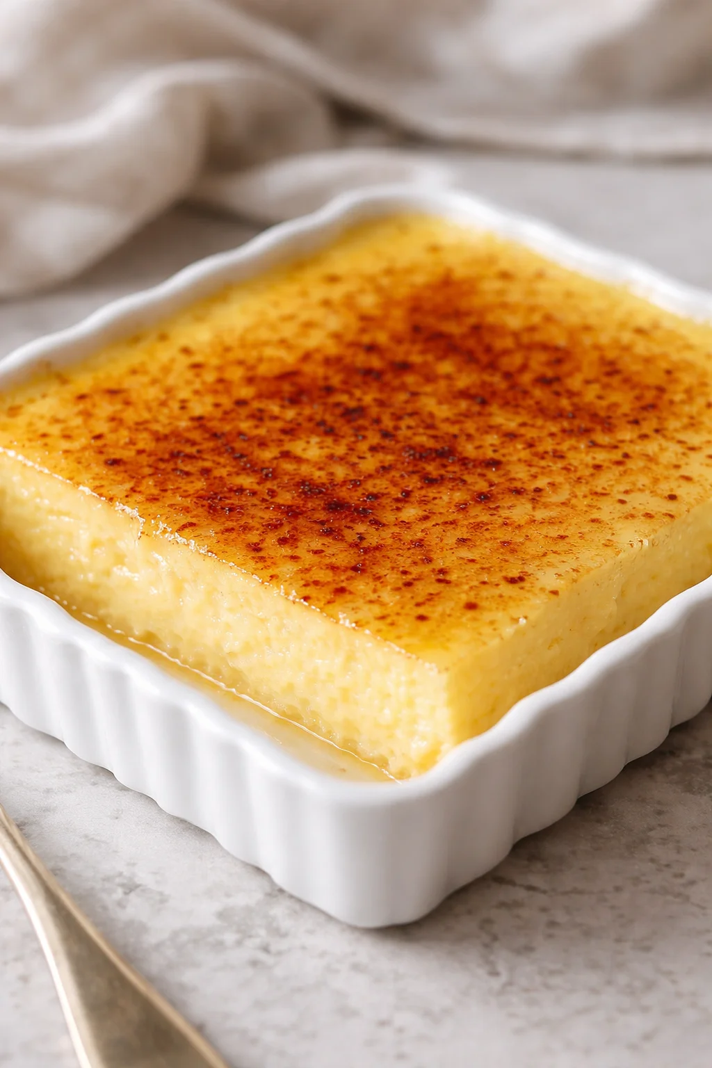 Close-up of crème brûlée with caramelized sugar crust in a white ramekin on marble