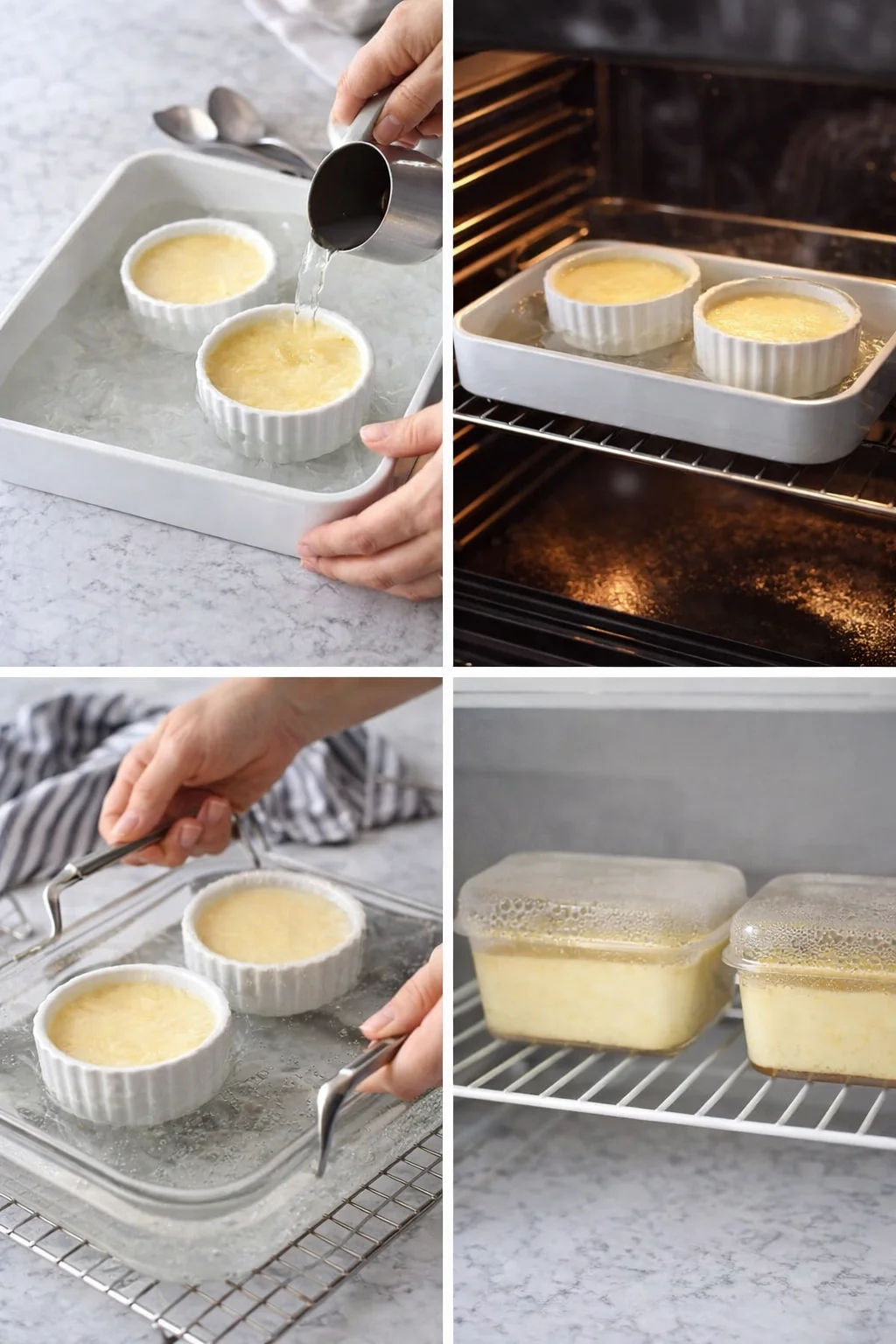 Four-panel collage of custard in ramekins in a water bath, then baking and cooling.