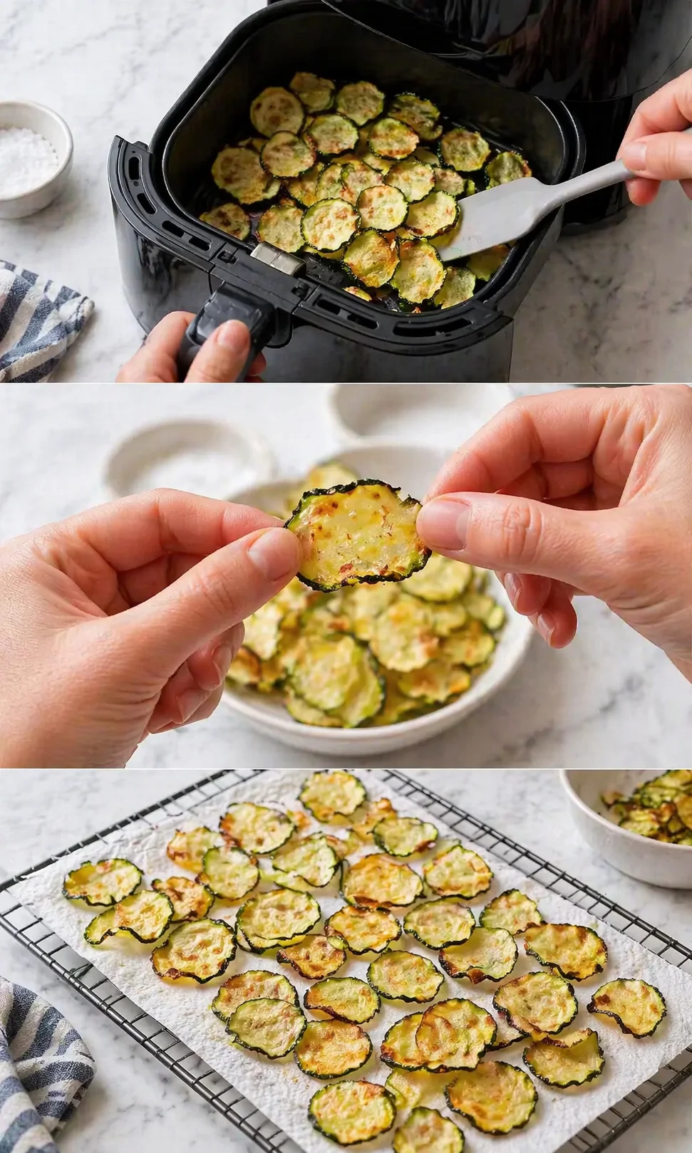 collage of zucchini chips in an air fryer, close-up chip, and cooling rack on marble
