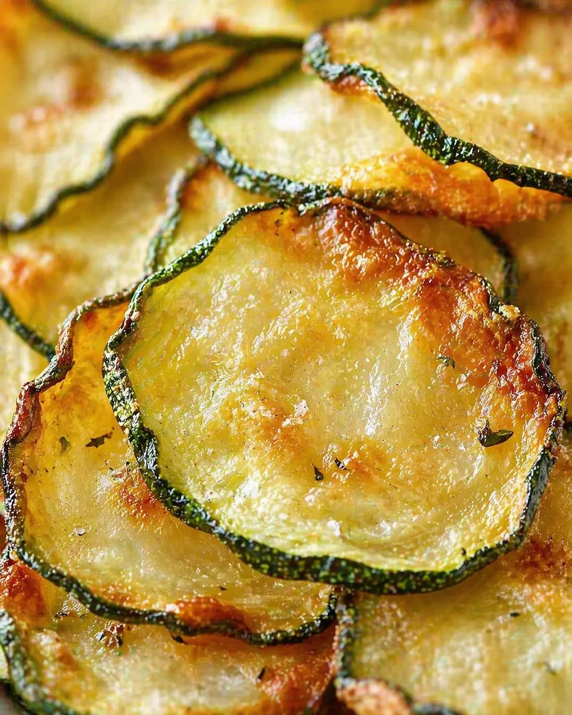 close-up of crispy zucchini chips with green skins and golden interiors