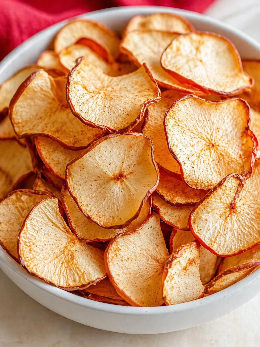 White bowl of dried apple slices with brown edges, arranged in a heap.