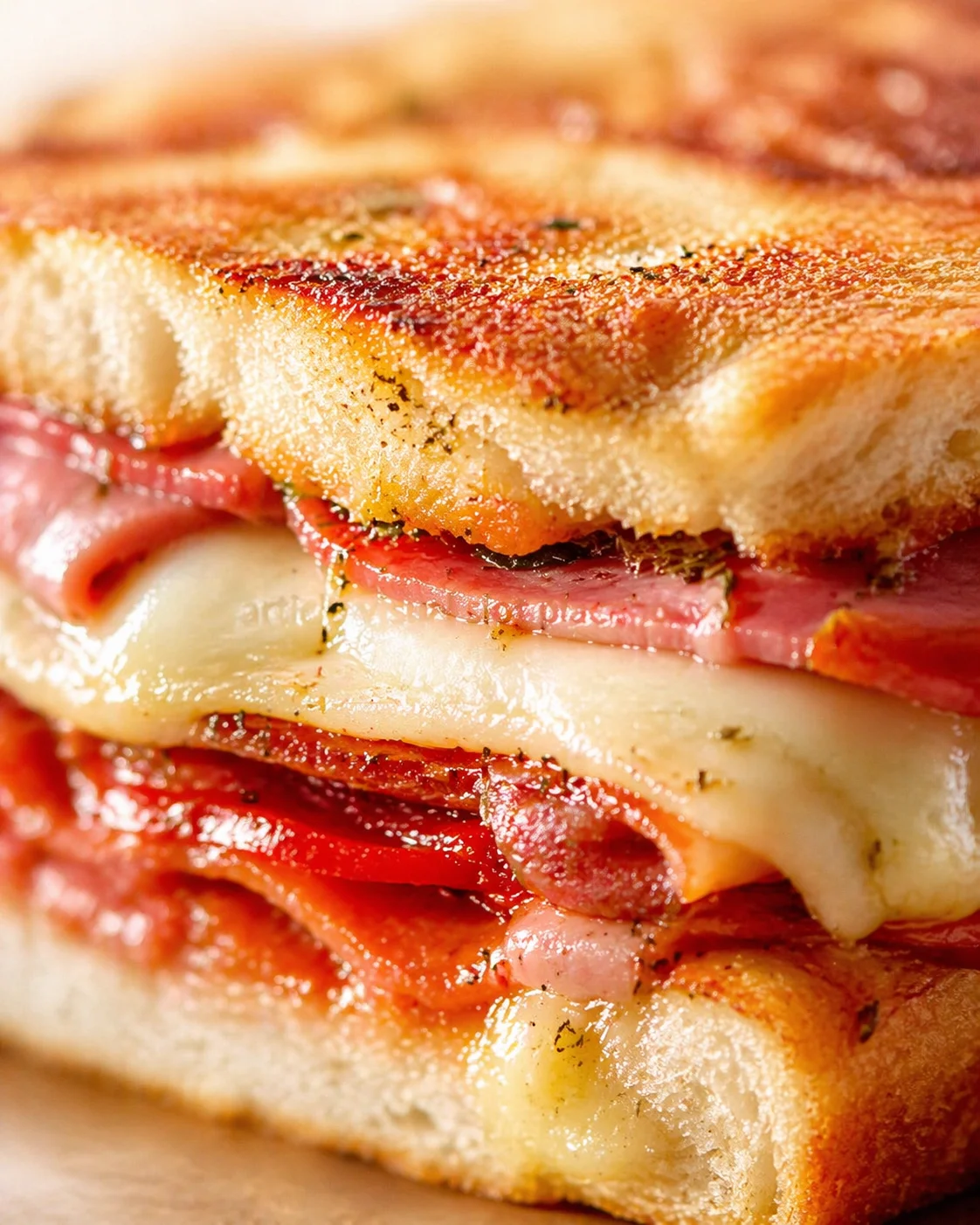close-up of a multi-layered toasted ham and cheese sandwich with melted cheese and herb-speckled crust