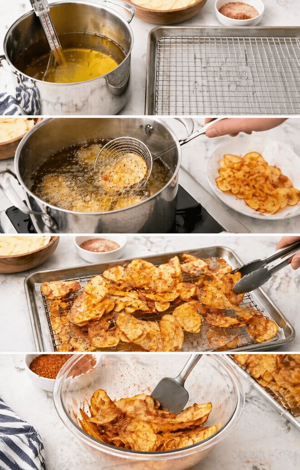 collage of frying potato chips: oil-filled pot, spider skimmer, rack of drained chips, and seasoned chips