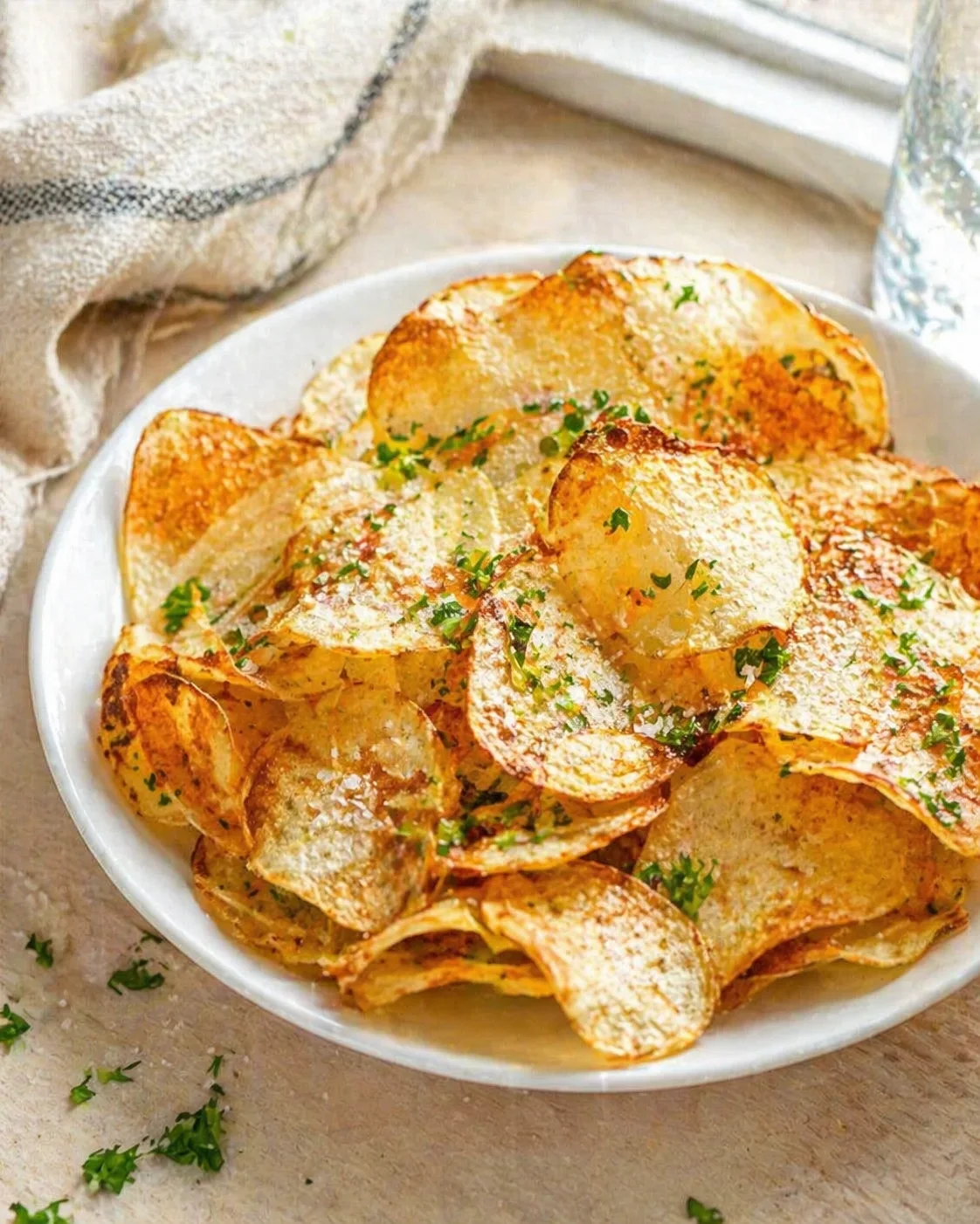 bowl of crispy potato chips, golden and parmesan-sprinkled with chopped parsley.