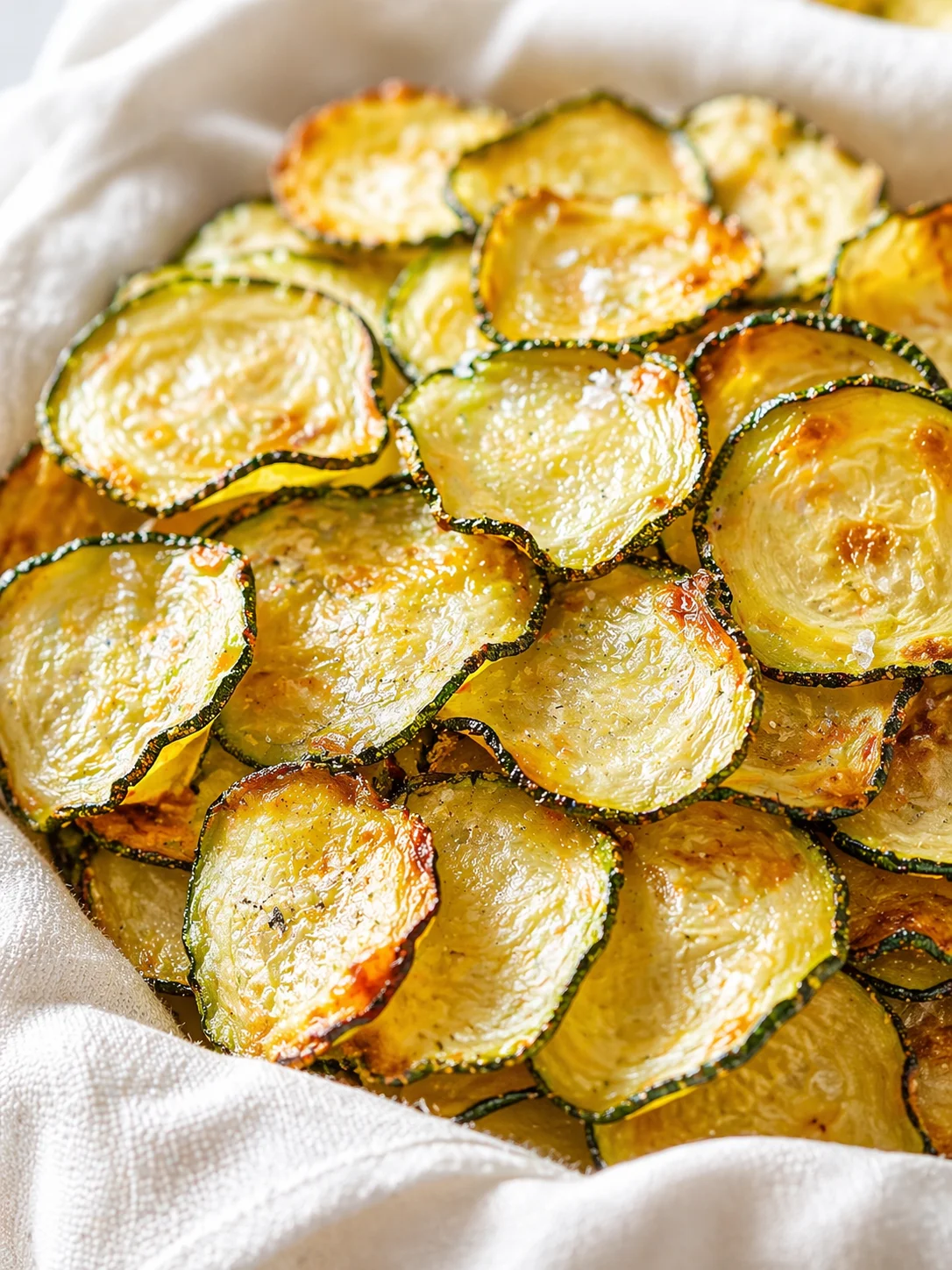 Pile of golden-brown roasted zucchini chips on a white linen cloth, salt crystals visible