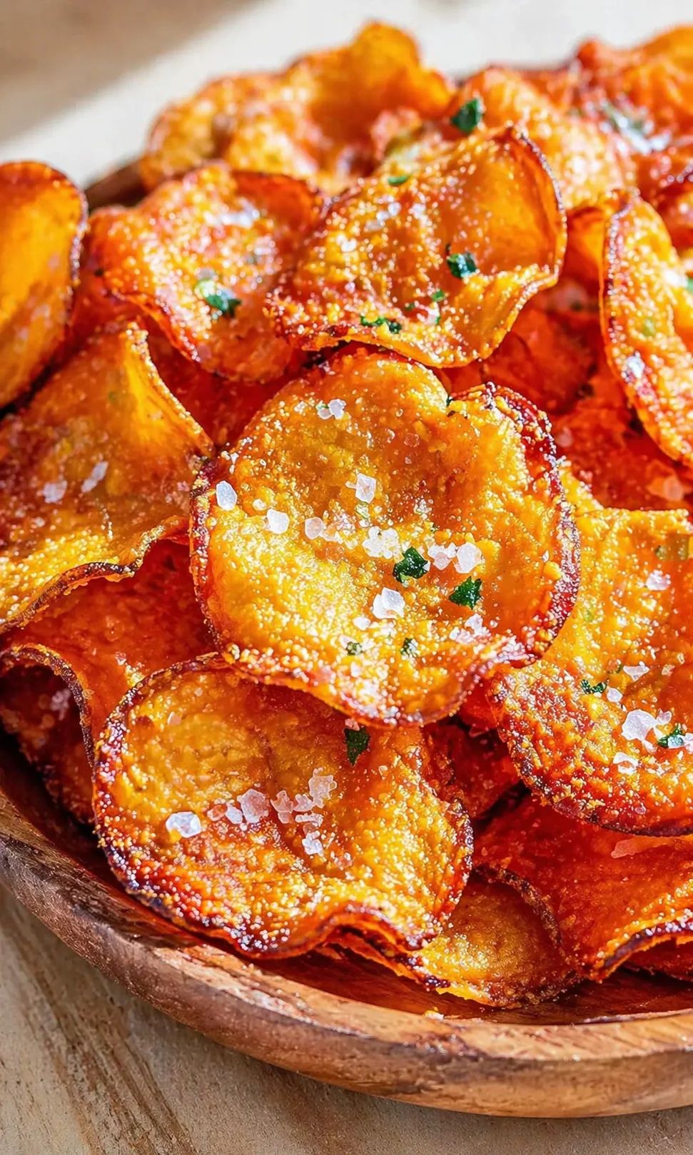 pile of golden-brown potato chips dusted with sea salt and herbs on a wooden board