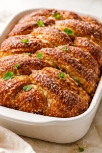 Golden-brown braided bread in a white dish, topped with coarse sugar and small green herb leaves