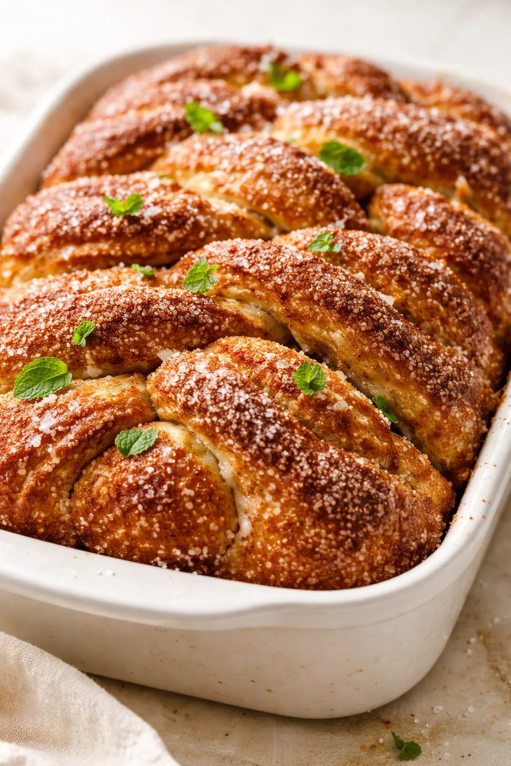Golden-brown braided bread in a white dish, topped with coarse sugar and small green herb leaves