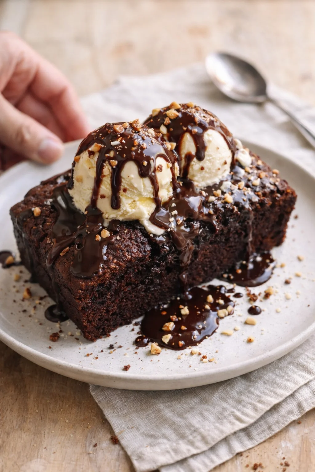 A thick brownie slice topped with vanilla ice cream, chocolate drizzle, and nuts on a plate