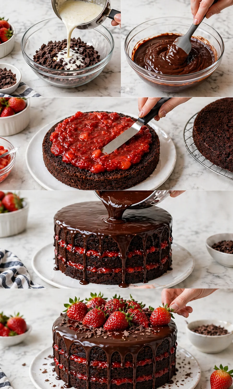 Collage of chocolate cake steps: cream pouring, ganache mixing, jam-topped cake, and glossy drip