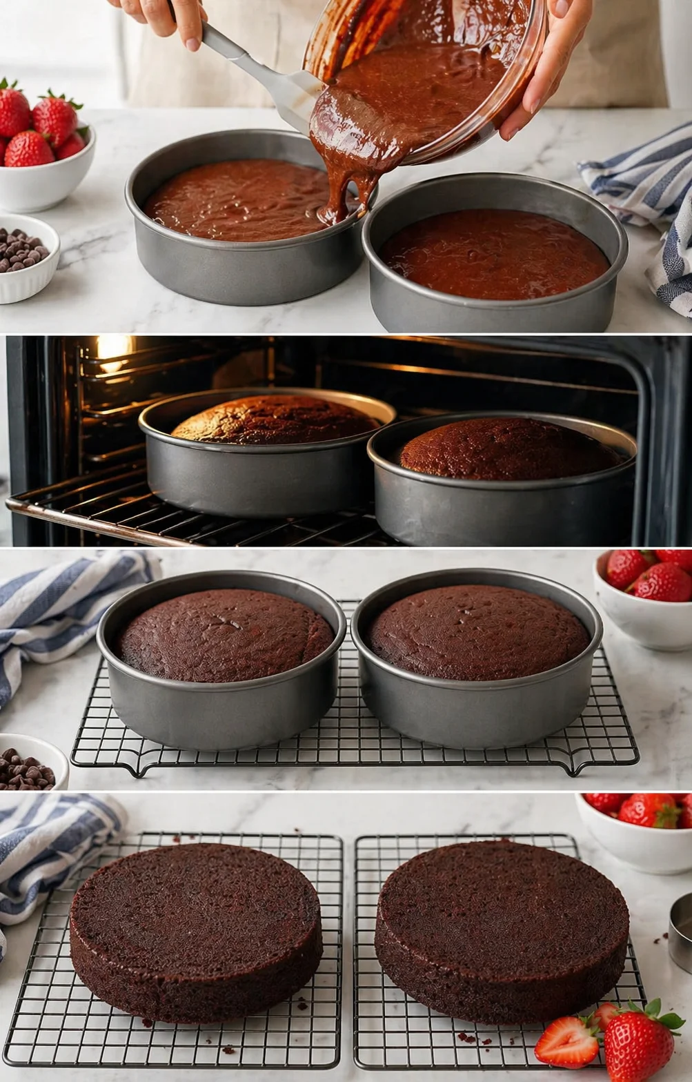 Collage shows chocolate cake batter being poured, two pans in oven, and cooling chocolate cakes.