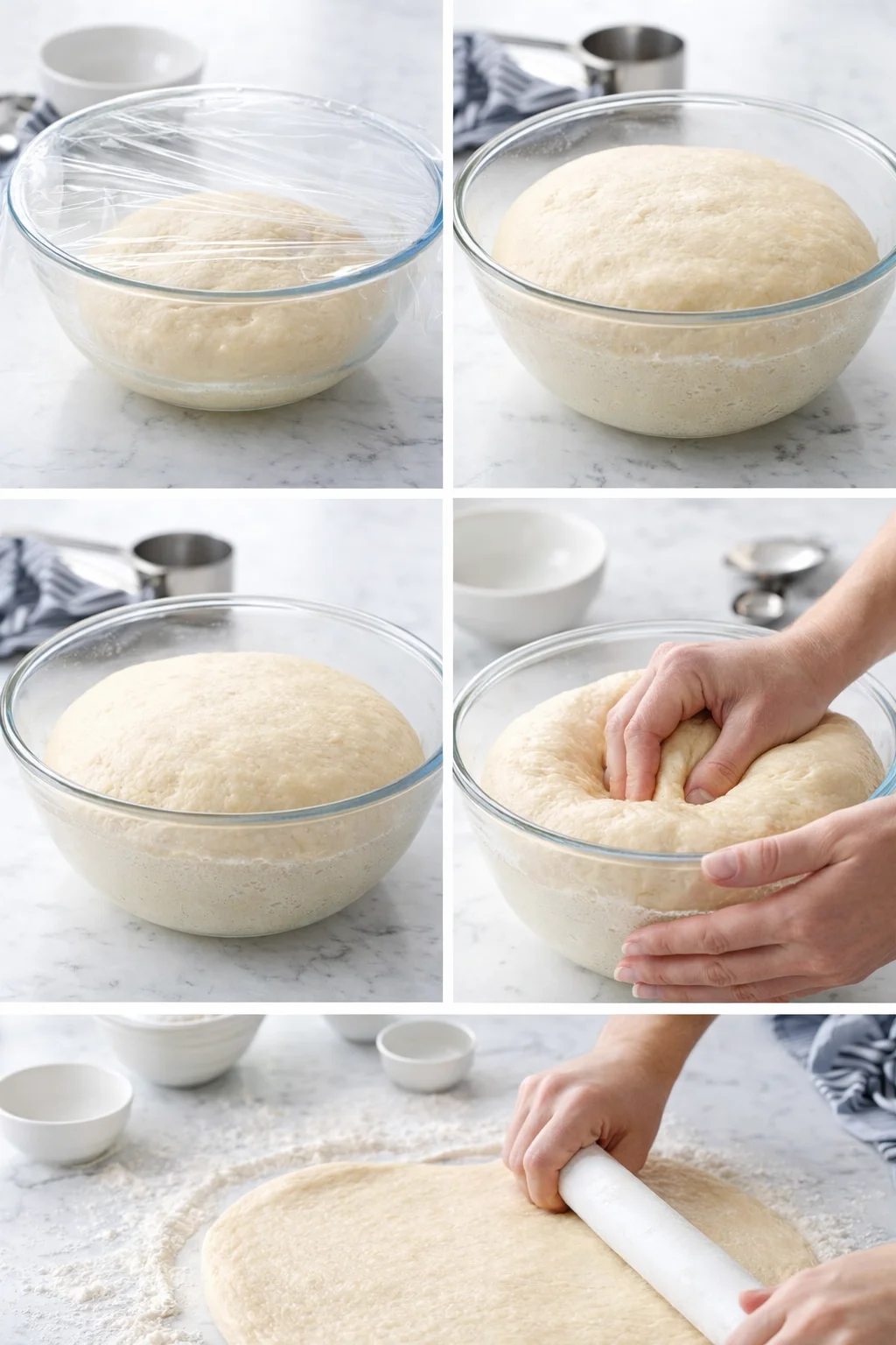 collage showing dough in bowls, rising and being kneaded, then rolled on a floured counter