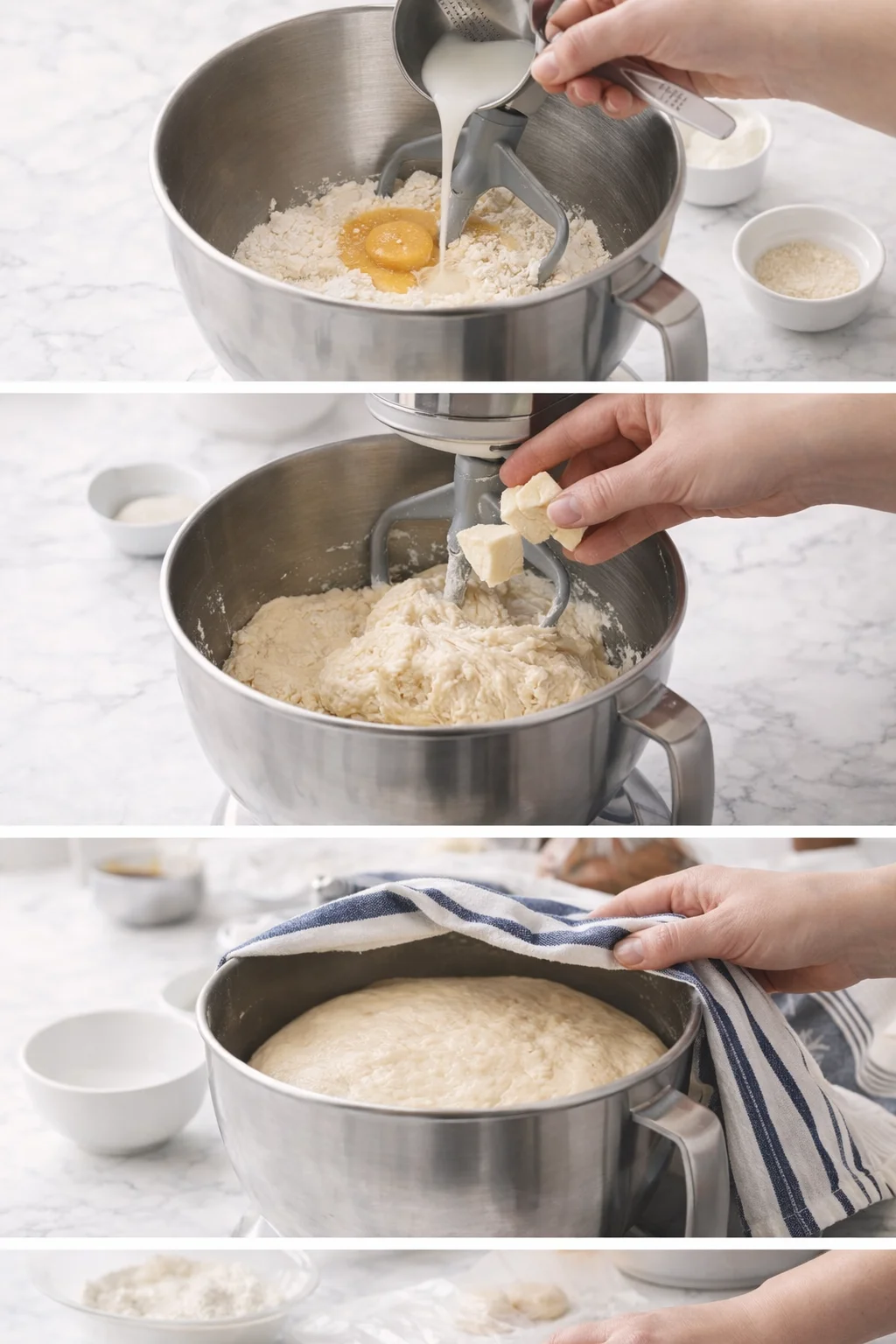 Hands pour milk into flour in a stand mixer, beginning the dough-making process.