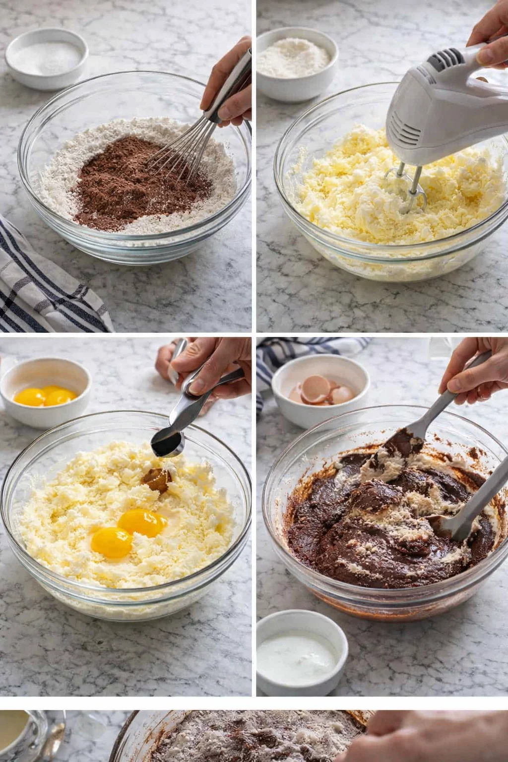 collage of a marble-counter kitchen showing dry ingredients, creamed butter, eggs, and chocolate batter in progress