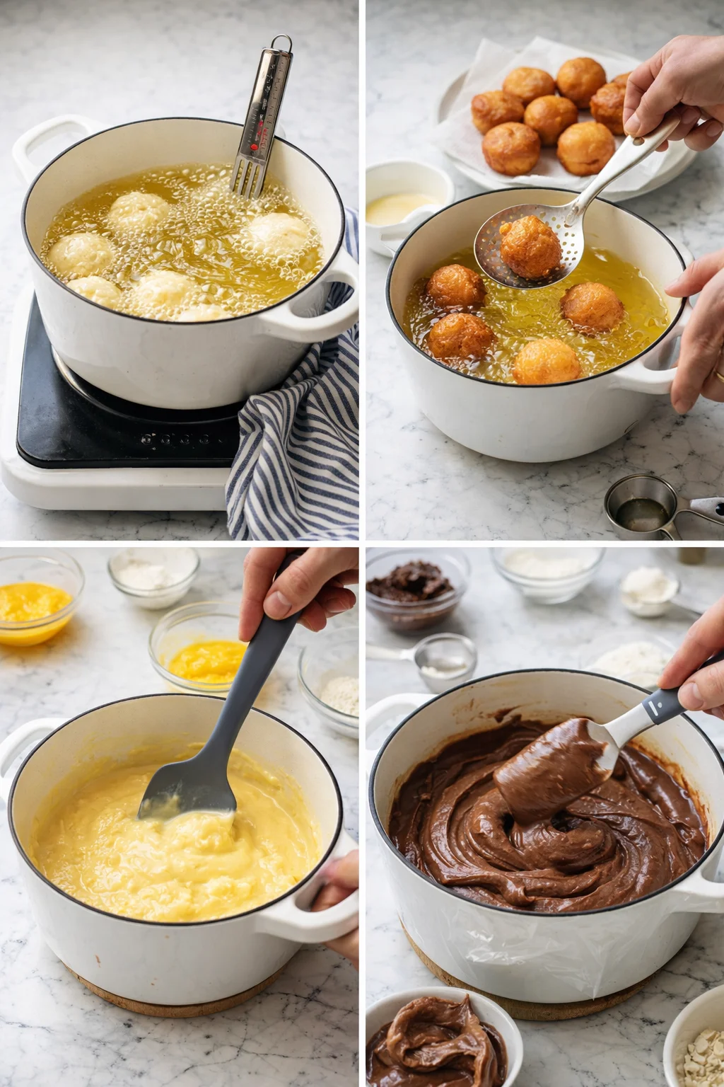 White enamel pot with hot oil frying dough balls; hands lift a browned fritter with a slotted spoon.