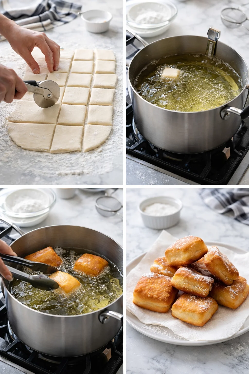 Four-panel collage of dough squares cut, fried, and beignets ready to serve.