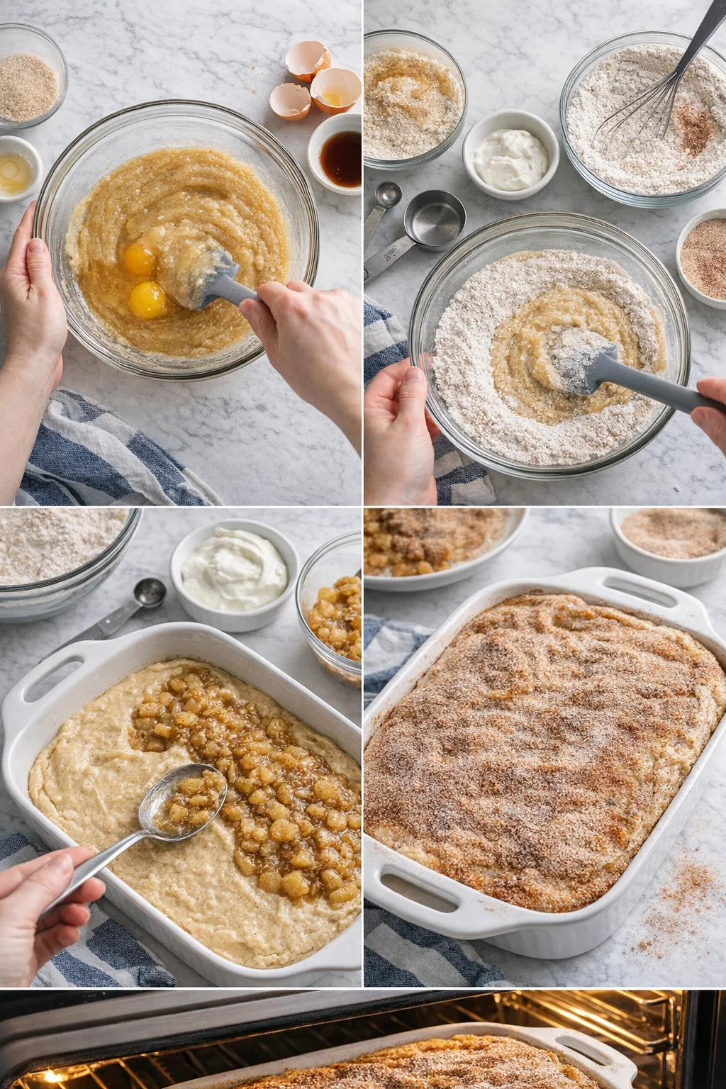 collage showing batter mixing, dry ingredients, fruit filling, and baked crumble in a dish