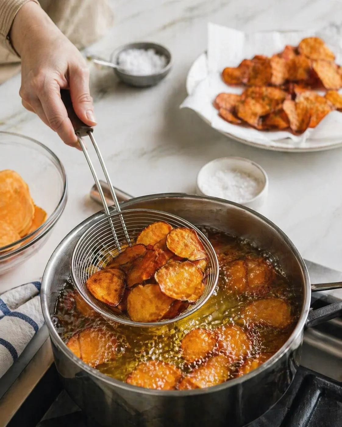 hand using tongs to lift fryer basket with golden sweet potato fries from hot oil