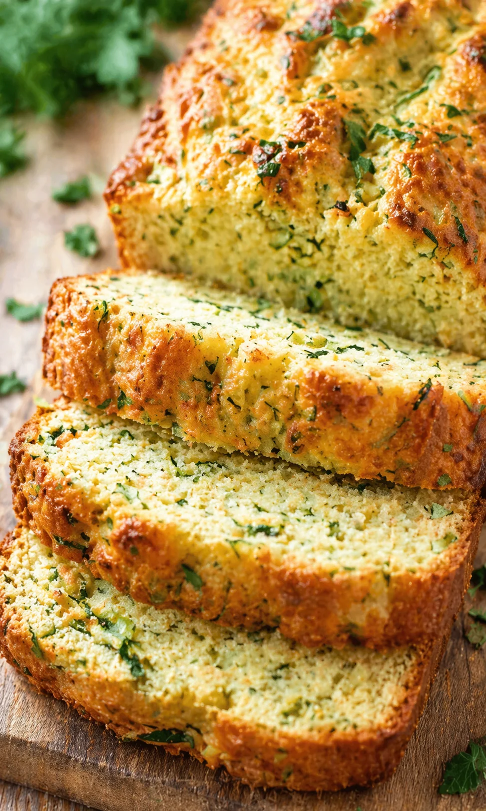 golden-brown garlic-herb bread loaf with sliced pieces on a wooden board