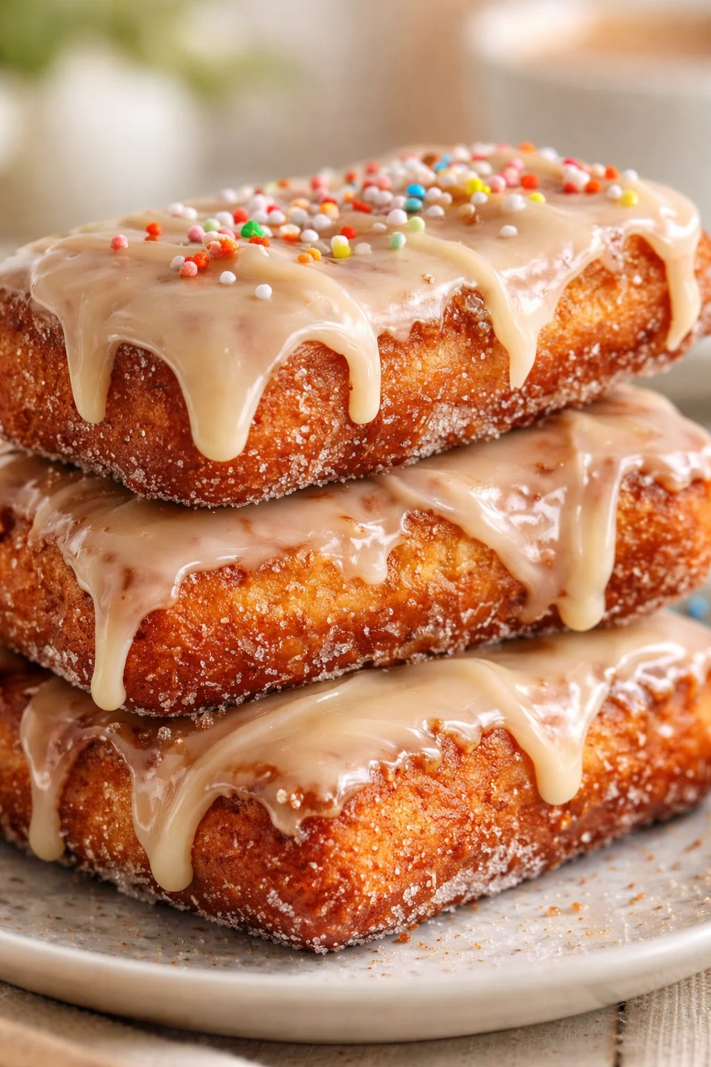 Three stacked donuts with pale glaze and colorful sprinkles on a plate.