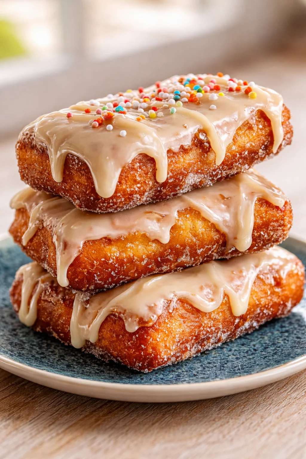 Three rectangular donuts stacked on a blue plate with beige glaze and colorful sprinkles.