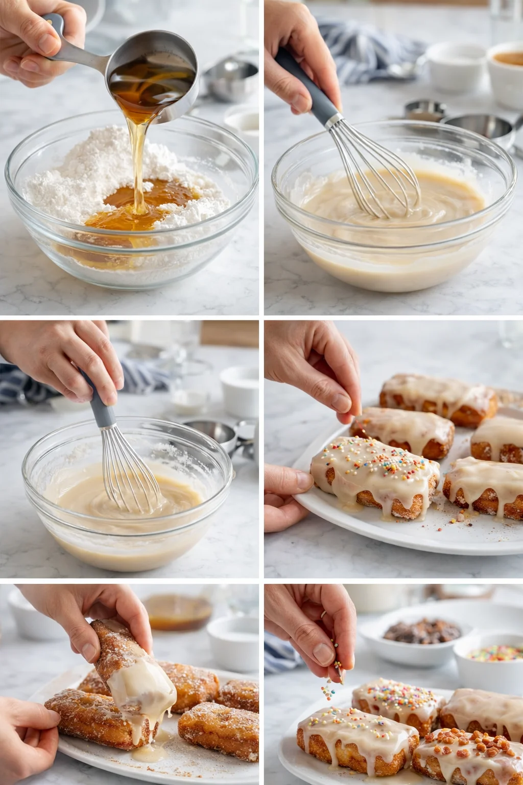 Collage of steps showing glaze-making donuts: pouring syrup into flour, whisking batter, glazing donuts, and adding sprinkles.