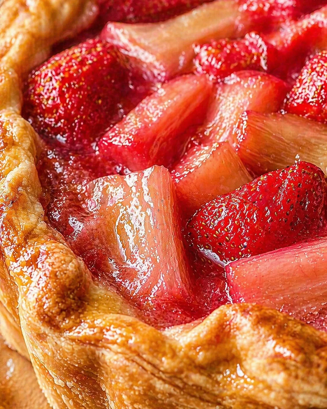 close-up of glossy glazed strawberries nestled in a golden, flaky pastry crust