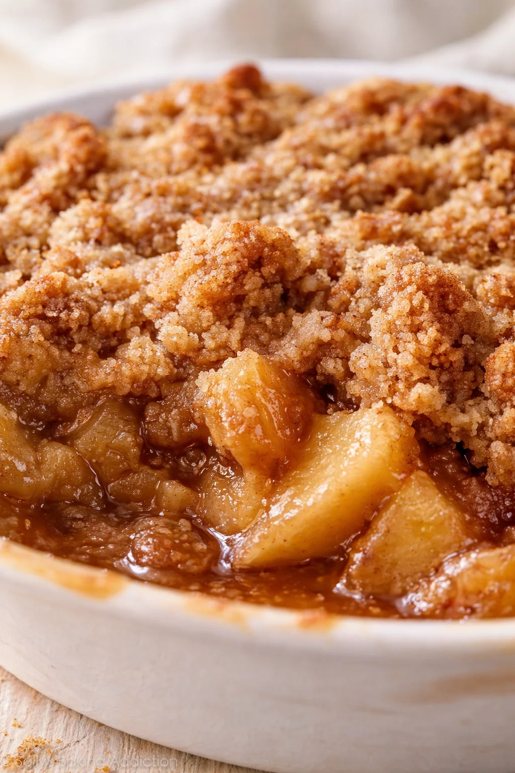 close-up of warm fruit crumble with golden-brown crumb topping in a white baking dish