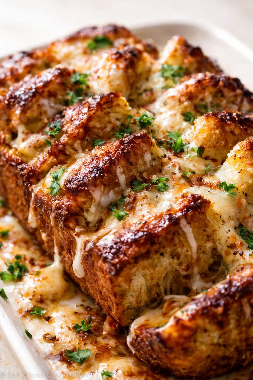crispy-browned-cheesy-bread-cubes topped with parsley in a creamy, bubbling pan.