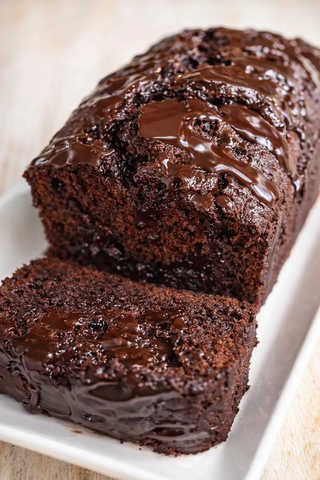 A rich chocolate loaf cake with glossy ganache on a white plate