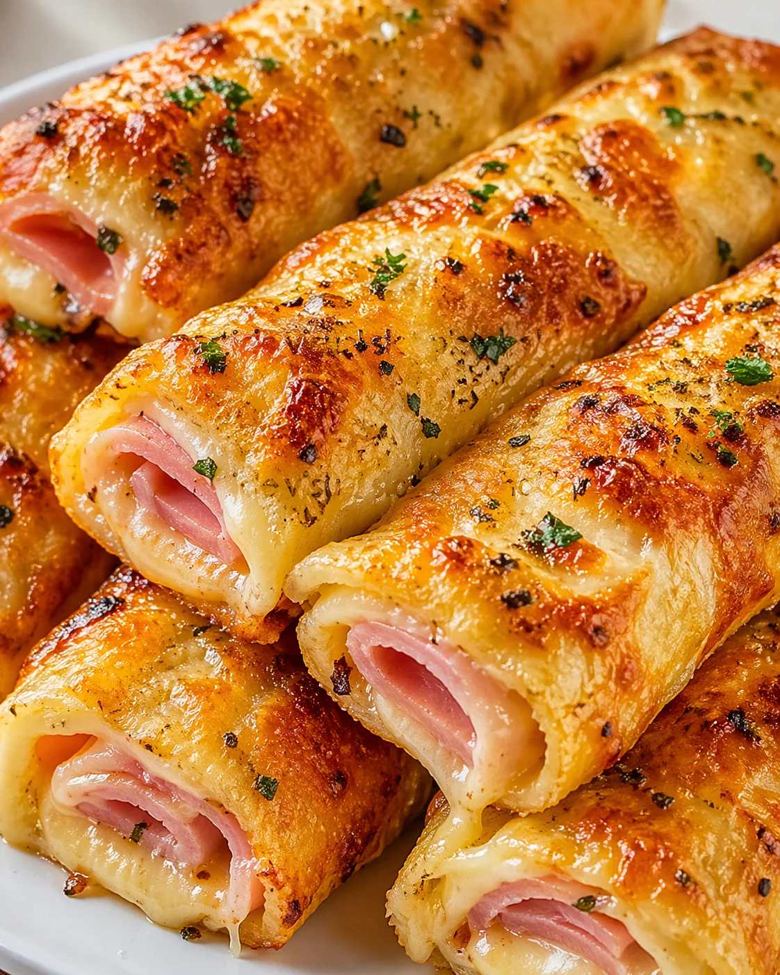 golden ham and cheese-filled bread rolls on a white plate