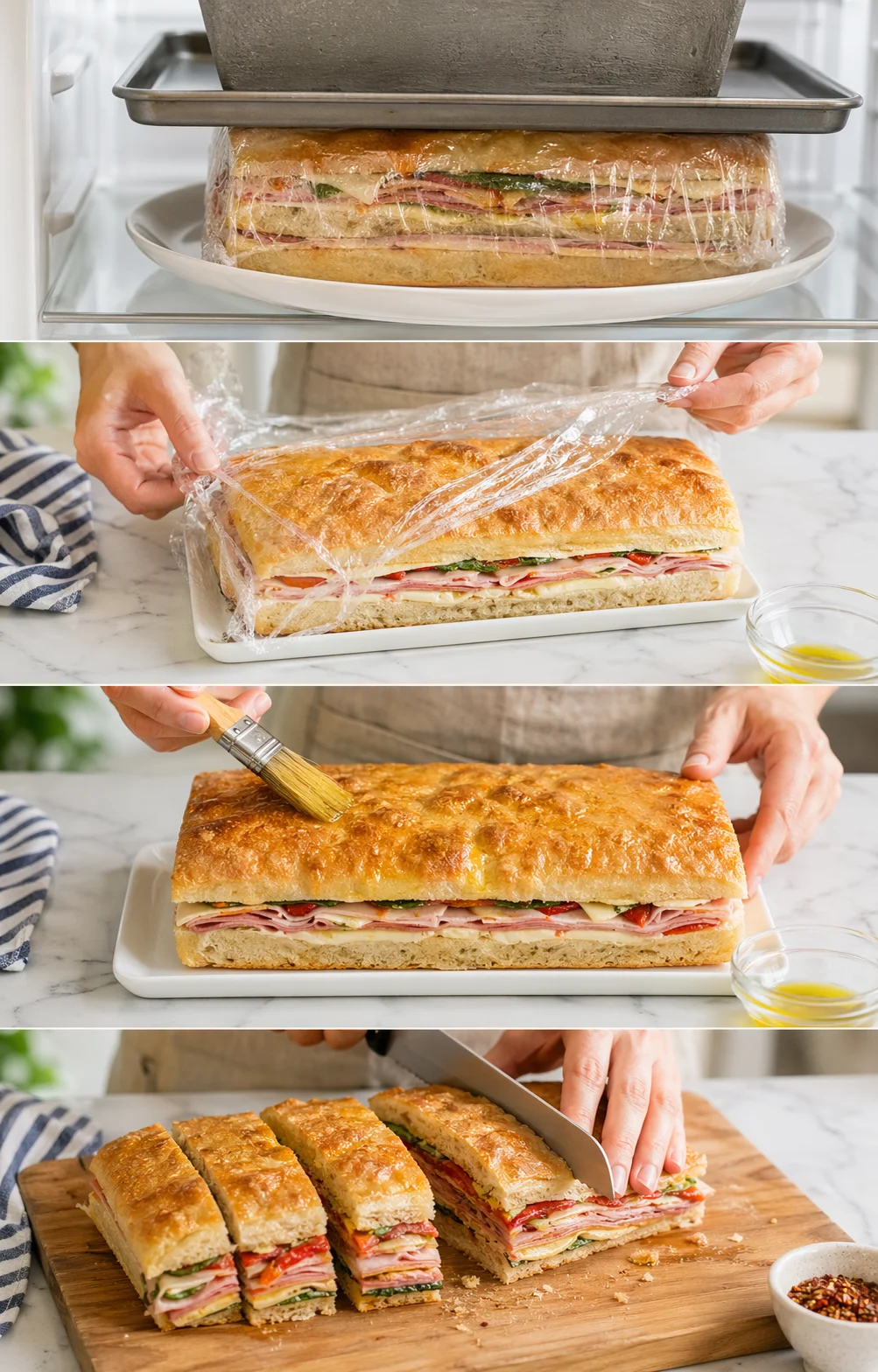 Multi-panel collage showing a ham and cheese sandwich being assembled, wrapped, brushed, and sliced.