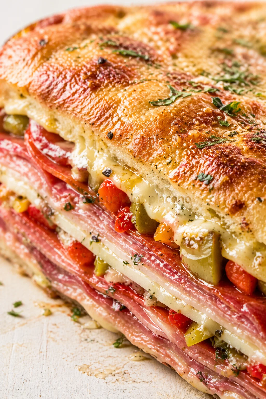 close-up of a crusty, golden-brown loaf sliced open to reveal ham, melted cheese, peppers and olives