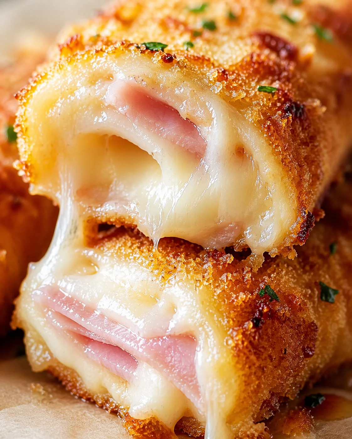 Close-up of a crispy breaded roll filled with stretchy melted cheese and ham.