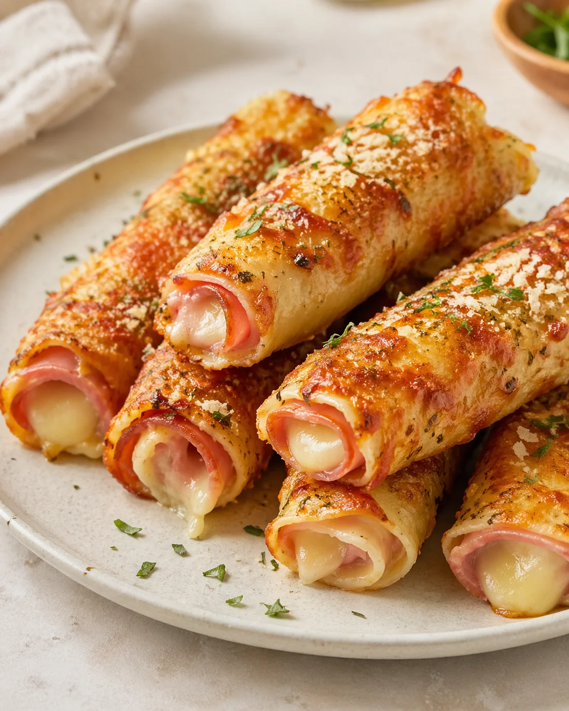 Close-up of crispy, cheese-filled ham and mozzarella rolls on a plate, garnished with herbs.