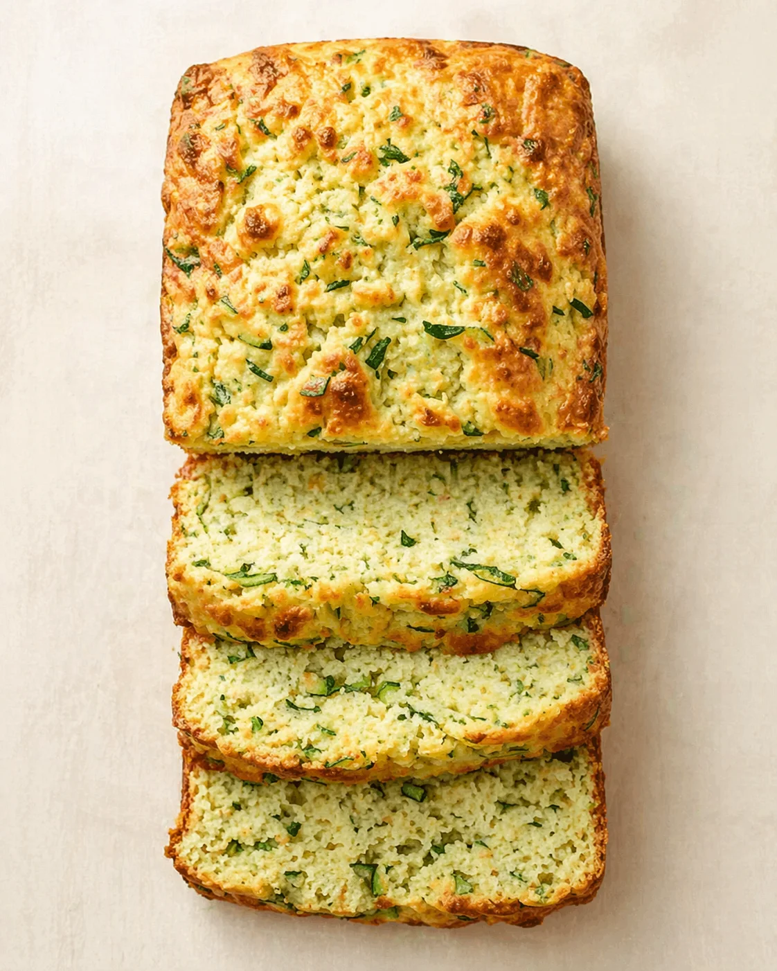 golden herb garlic bread loaf sliced into thick pieces on a pale background