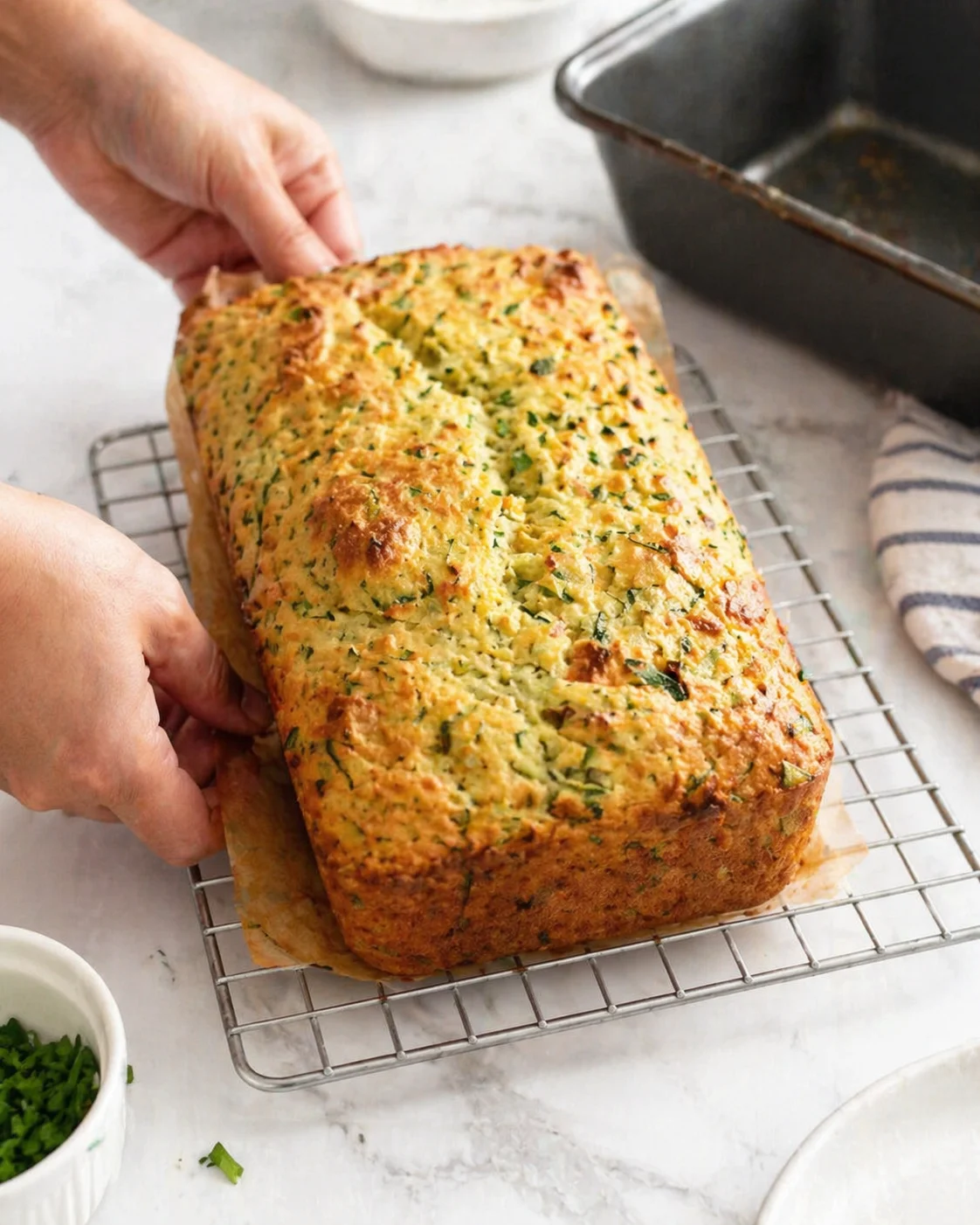 golden herb-cheese loaf cooling on a rack, hands pulling apart a slice