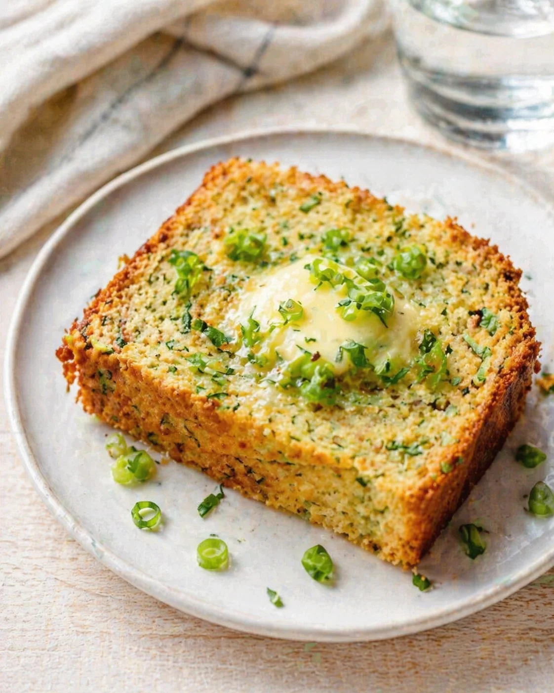 Golden cornbread slice with melted butter and chopped scallions on a light plate.