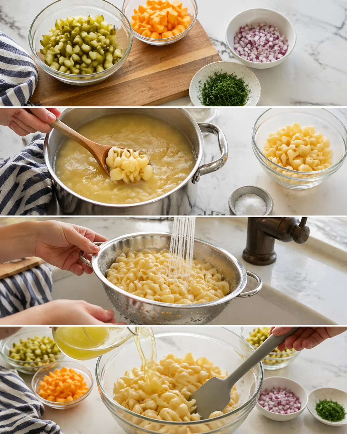 Four-panel collage showing chopped vegetables, simmering pasta, rinsed noodles, and broth being added.