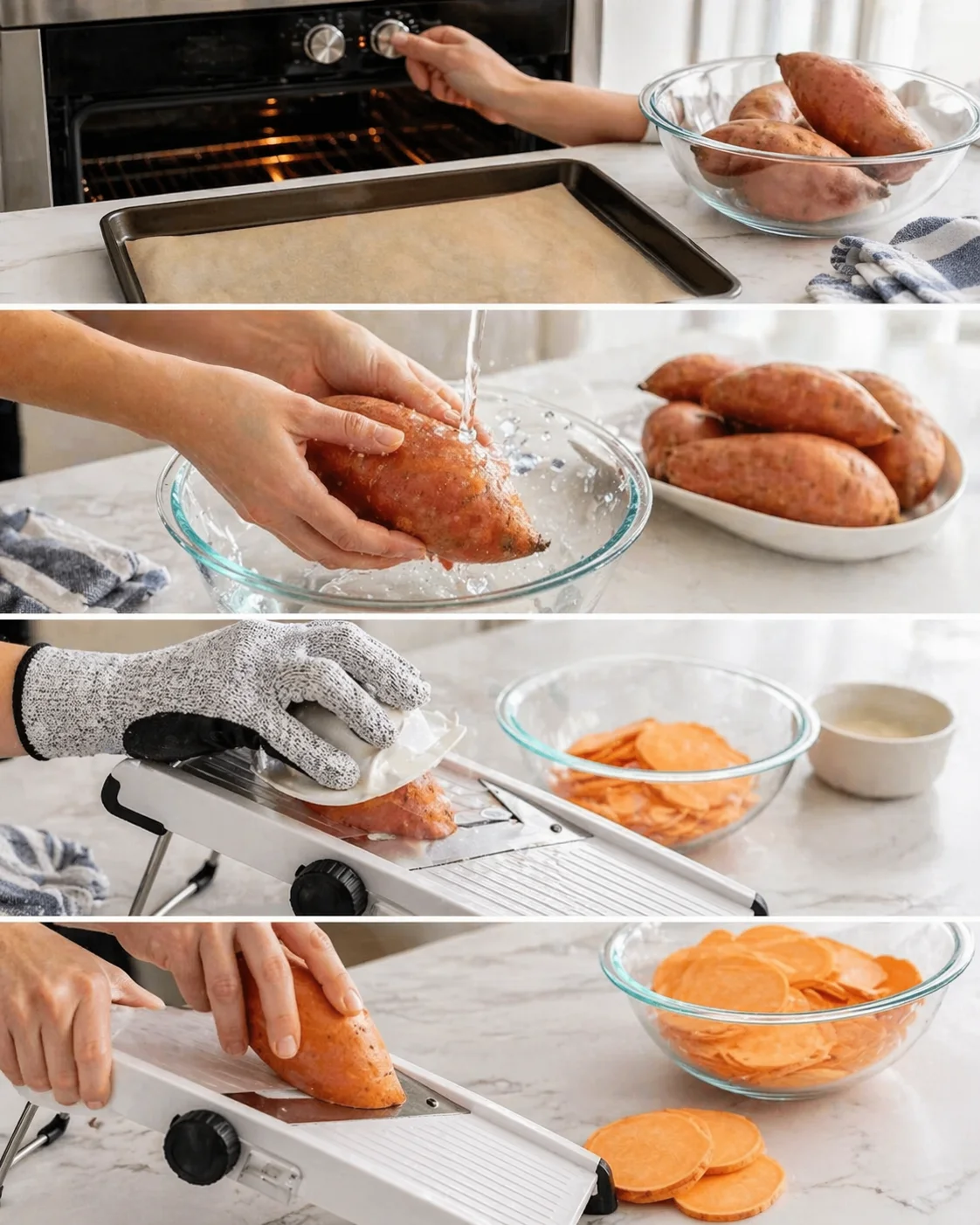 Collage showing washing, slicing, and prepping sweet potatoes for homemade chips